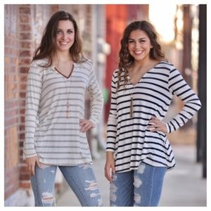 V Neck Tunic White with Navy stripes